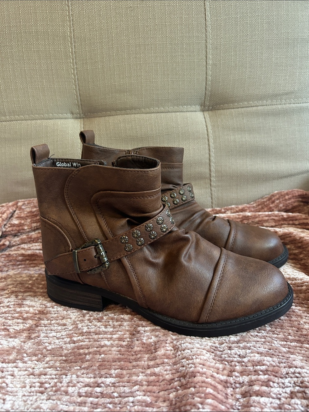 Global Win Chestnut Brown Studded Strap Ankle Booties Size 7